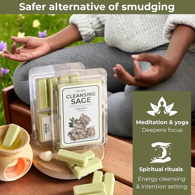 Cleansing Sage Scented Wax Melts - Made With Non Toxic Soy Wax And Essential Oils - Long Lasting Strong Scent Pet Safe Candle Wax Cubes Tarts For Warmers Pack Of 4 - For Cleansing Negative Energy