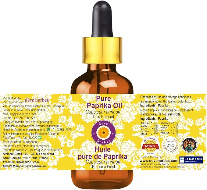 Deve Herbes Paprika Oil (Capsicum annuum) with Glass Dropper | Cold Pressed | Pure | Natural | For Diluting Essential oils | For Skin & Massage | Non-Sticky| Lightweight| Unisex | 5ml (0.16 oz)