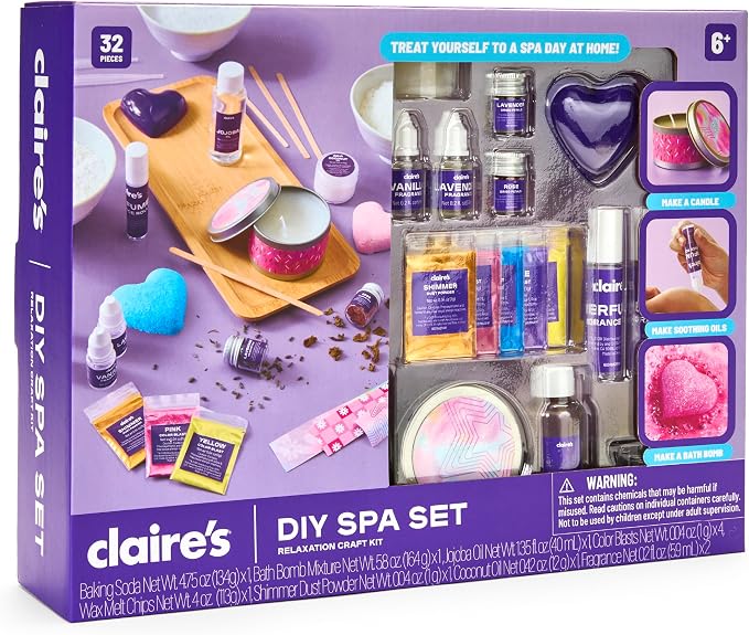 Claire’s DIY Bath Bomb & Scented Candle Making Set, 32-Piece Spa Craft Kit, Make Your Own Soothing Oils & Perfume Fragrance, Kids Toys, Science Beauty Project Activity, Arts & Crafts Gift for Ages 6+