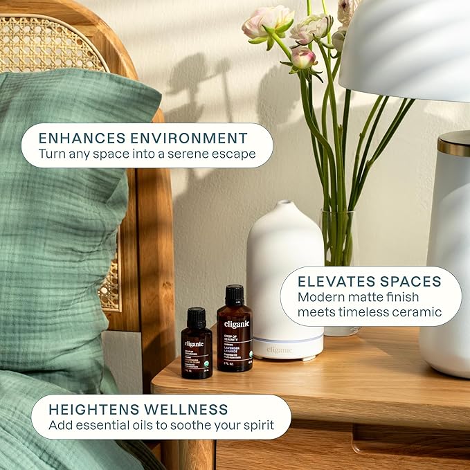 Cliganic Serenity Essential Oils Starter Kit with Diffuser Set for Aromatherapy, Home & Office (White)