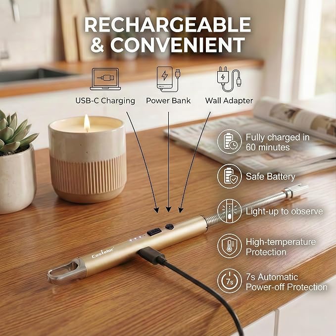 Castelar Electric Candle Lighter with Long Flexible Neck, USB Rechargeable Arc Lighter with Safety Lock for Candle, BBQ, Camping, Housewarming, and Birthday Gifts