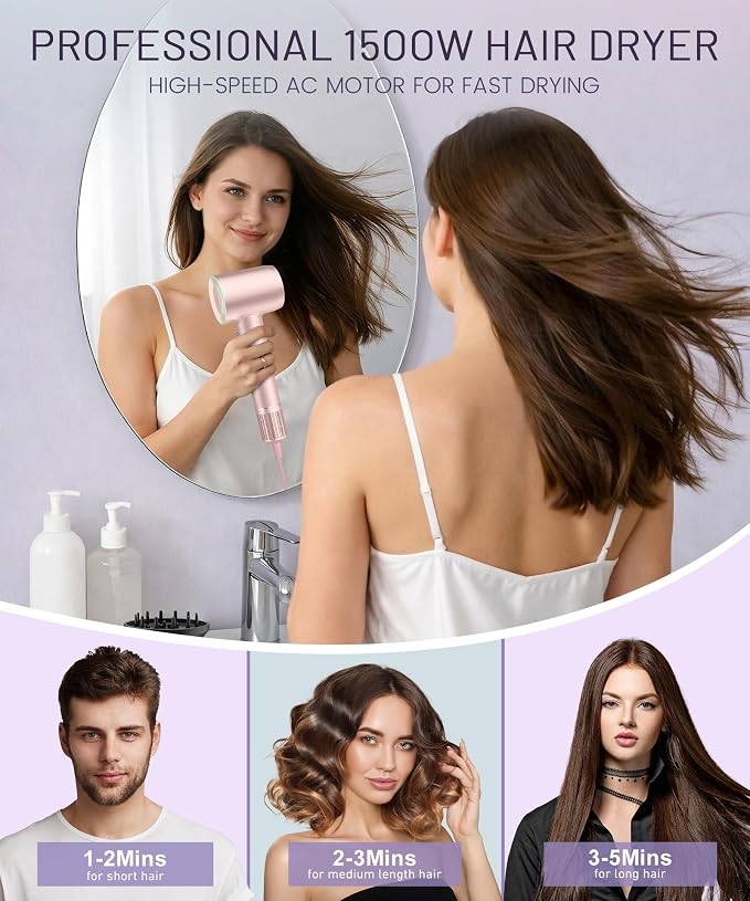 Cosy Companions High-Speed Ionic Hair Dryer, 150000 RPM Brushless Motor for 2-5 Min Fast Drying, Low Noise Blow Dryer Reduces Frizz & Heat Damage, Lightweight Hair Dryer with Diffuser & Nozzle, Pink
