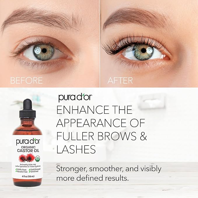 PURA D'OR 4 Oz Organic Castor Oil – Pure Cold-Pressed, Hexane-Free, USDA Certified – Lashes, Brows, Hair, Scalp, Skin-Moisturizer Supporting Softness, Strength, Hydration, Shine & Radiance,(Pack of 2)
