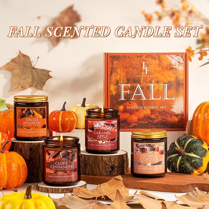 Fall Candles Set, 8 Pack Candles for Home Scented Natural Soy Wax, Autumn Gifts Set for Women Men, Fall Fragrance of Pumpkin/Cinnamon/Vanilla Cupcake/Apple
