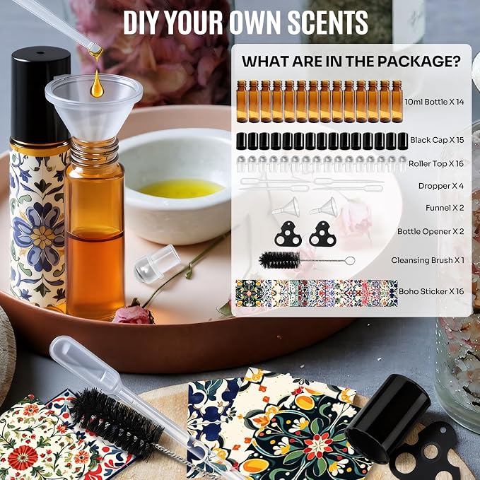 Roller Bottles for Essential Oils Roll On Bottles 14 Pack, 10ml Amber Rollerball Bottle Thick Glass Empty with Oil Perfume DIY Kits Boho Stickers Leak-Proof Refillable for Travel, Gift