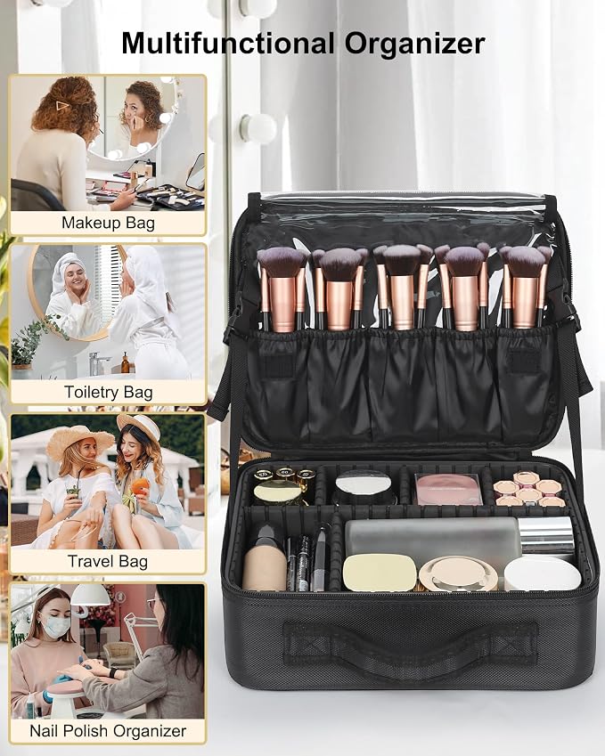 Relavel Makeup Bag Large Cosmetic Bag Travel Train Case Toiletry Bag for Women with Adjustable Dividers, Travel Essentials Organizer Case Storage Box for Skincare, Brushes, Black