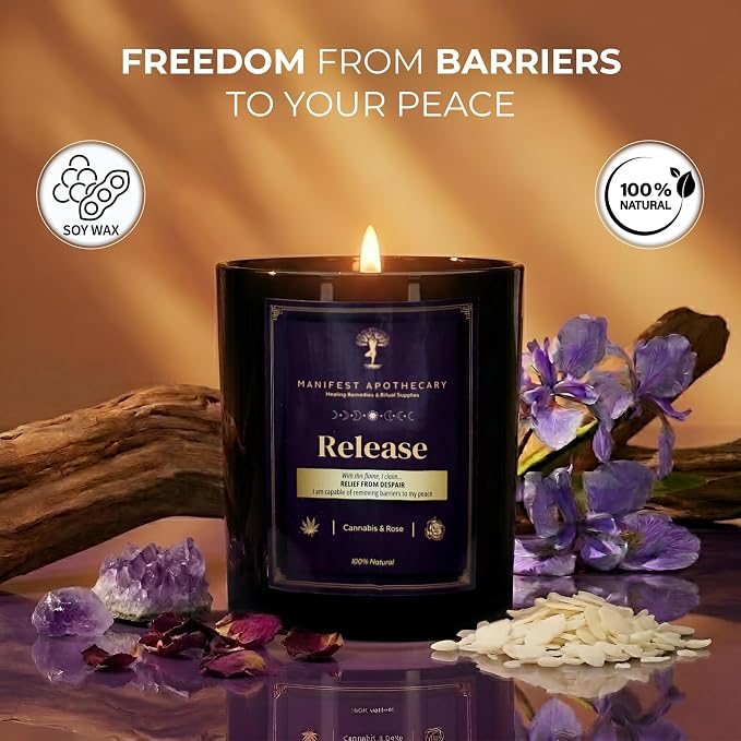 Aromatherapy Scented Candle for Women & Men - Infused with Rose Petals, Cannabis, & Amethyst Crystals - 100% Cotton Wick, 50 Hrs Burn Time & 10.5 Oz Hand-Poured Soy Candle for Relaxation & Mindfulness