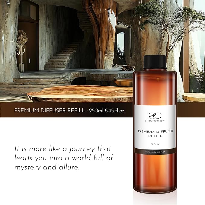 Diffuser Oil Refill, 250ml / 8.45 fl oz, Ebony - Reed & Aromatherapy Diffuser Oil, Long-Lasting Home Fragrance, Eucalyptus, Agarwood & Sandalwood Notes
