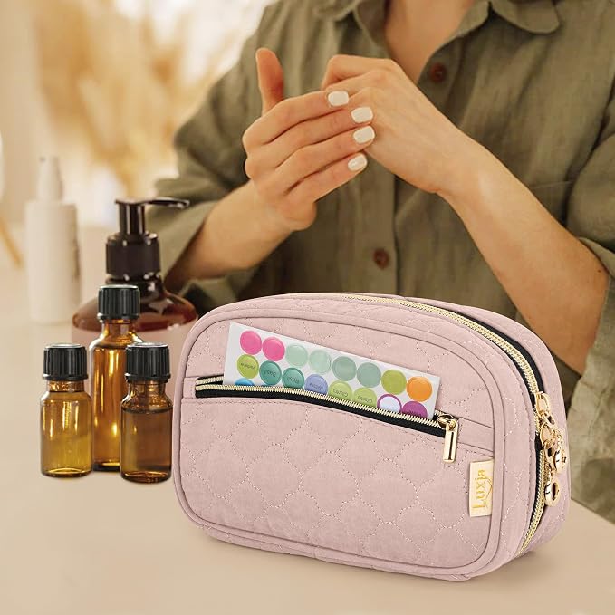 LUXJA Essential Oil Organizer -Holds 10 Bottles (5ml-15ml, Also Fits Roller Bottles), Travel Case for Essential Oils with Zipper Pockets (Bag Only),Pale Rose