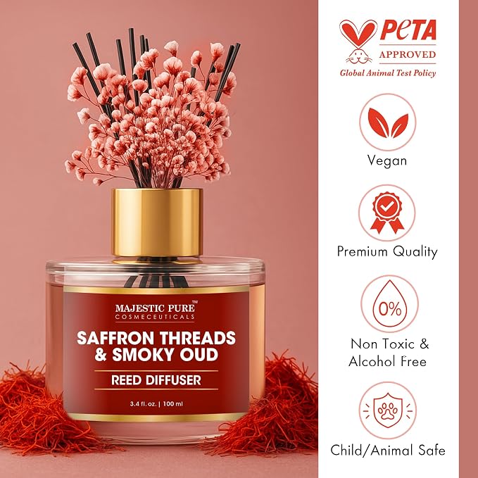 Majestic Pure Saffron & Oud Reed Diffuser, 3.4 fl oz | Long Lasting Oriental Fragrance for Home & Office