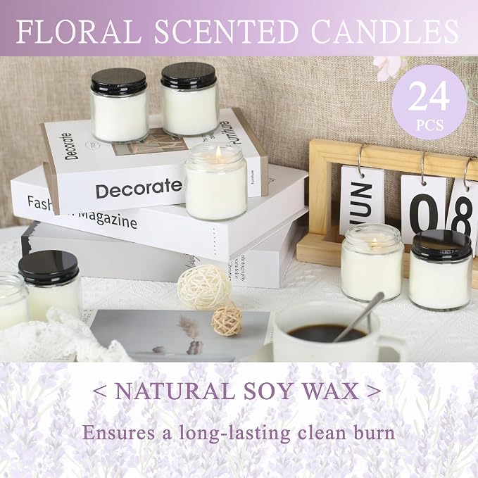 24 Pcs 4 Oz Mason Jar Candles, Lavender Scented Soy Candles Bulk Set for Stress Relief and Relaxation, Great Favors for Wedding, Christmas, Housewarming Gifts (Black, Lavender, 24)