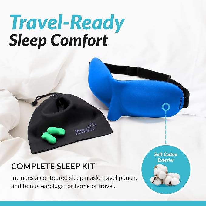 Dream Essentials Sweet Dreams Contoured Sleep Mask Kit, Royal Blue Eye Mask for Sleeping with Travel Pouch, Earplugs, Lash Space, Quick Release Strap, Light Blocking Travel Accessories Gift Set