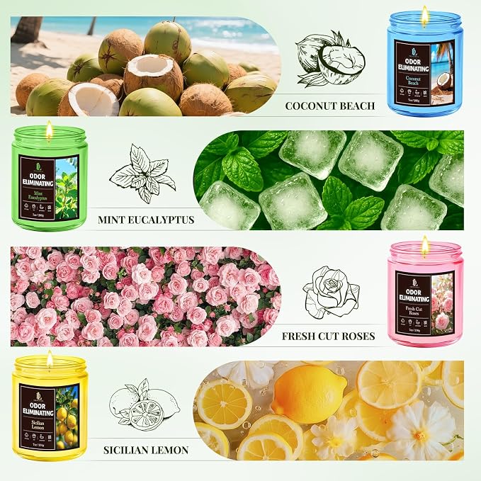 4 Pack Odor Eliminating Highly Fragranced Candle, Eliminates 95% of Food, Pet, Smoke, and Bathroom Quickly, Air Freshing Scents of Lemon/Mint Eucalyptus/Coconut/Roses, Soy Candles Gift for Women Men