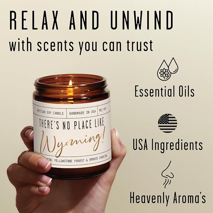 Wyoming Gifts, Wyoming Decor for Home - 'There's No Place Like Wyoming Candle, w/Forest, Campfire & Fresh Mountain Air I Wyoming Souvenirs I Wyoming State Gifts I 9oz Jar, 50Hr Burn, USA Made