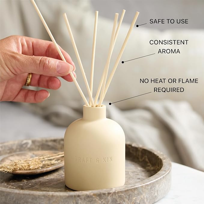 Craft & Kin Neroli & Jasmine Reed Diffuser – Earthenware Collection, 6.7 oz – Alcohol-Free Essential Oil Diffuser for Home & Bathroom – Long-Lasting Fragrance Sticks – Ceramic Room Decor