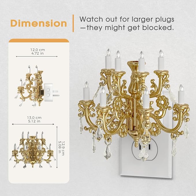 Briignite LED Night Lights Plug into Wall, Chandelier Night Light with Dusk to Dawn Light Sensor, Dimmable Golden Nightlight Plug in, 3000K Soft White for Bathroom Bedroom Hallway Kitchen