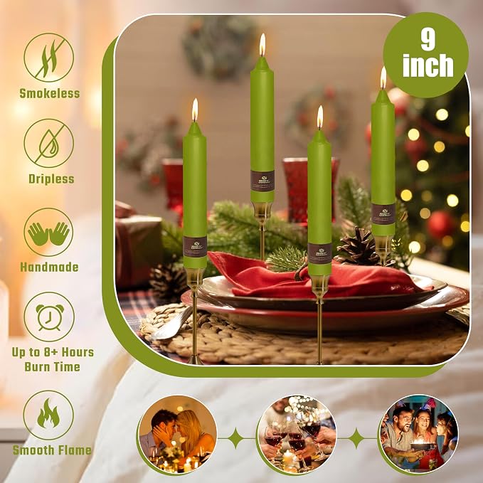 Christmas Grass Green Candle 9 Inch Tall Smokeless Taper Candles 4 Pack Unscented Dinner Candle for Christmas Festive Halloween Thanksgiving Day Fall Home Decor