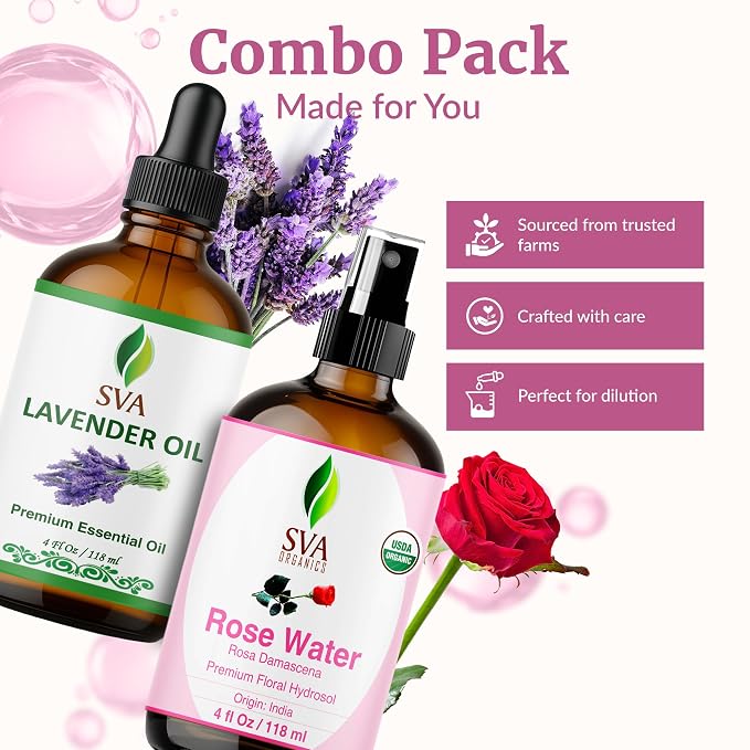 SVA Rose Water and Lavender Essential Oil 4 oz Bundle Super Saver Combo – Premium Grade Bundle Set for Hair Oiling, Scalp Massage, Hair Care, Face, Skin Care and Body Massage