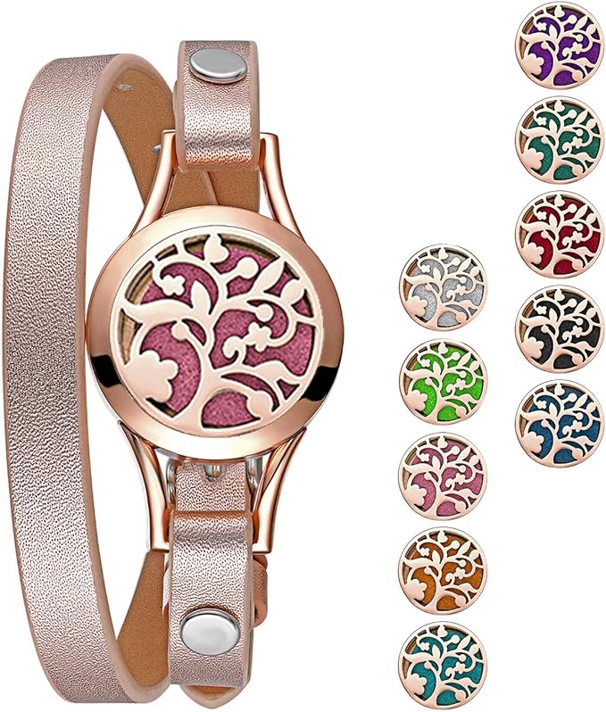 Cupimatch Essential Oil Diffuser Bracelet Wristband, Stainless Steel Aromatherapy Locket Bracelets Adjustable Leather Band with 10 Color Pads Jewelry Gift Set for Girls Women