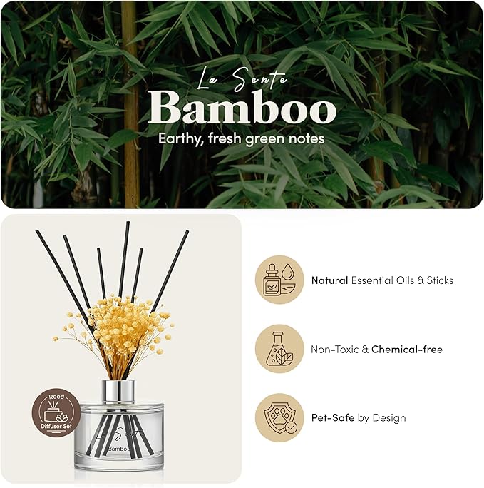 Reed Diffuser Set (6.7fl oz), Natural Bamboo Essential Oil Fragrance with Glass Bottle, Black Rattan Sticks & Preserved Flowers, Up to 120 Days Lasting Fragrance for Home & Office