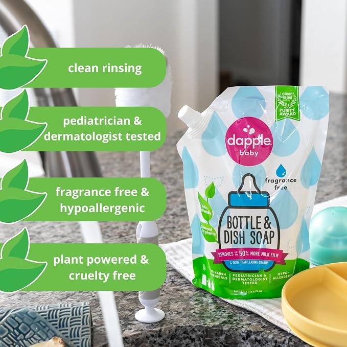 Dapple Baby Fragrance-Free Bottle & Dish Soap Refill Pouch - (2 Pack) 33.8 fl oz - Plant-Powered Cleaner for Baby Bottles, Pump Parts, and Sippy Cups