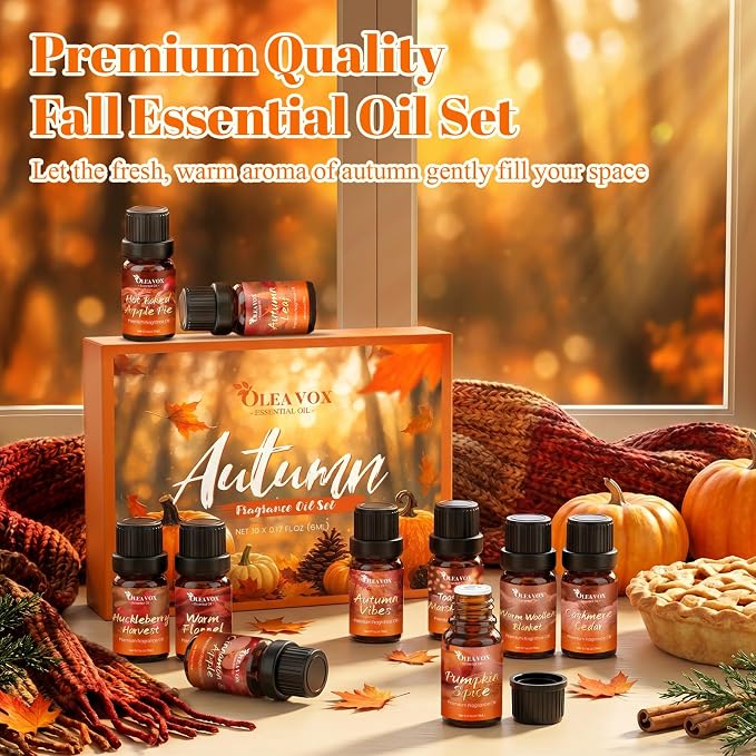 Autumn Fragrance Oil Gift Set，Fall Essential Oils for Diffuser, Scents for Candle Soap Making, Cinnamon & Apple,Pumpkin Spice, Huckleberry Harvest, Cashmere Cedar, Leaf More 10x5ml Aromatherapy Oils