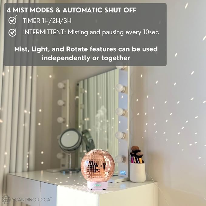 SCANDINORDICA Disco Ball Diffuser - Original Rotating Disco Essential Oil Diffuser with Whisper Quiet Operation, 14 Color Night Light & 4Time Settings | Cute Eclectic Decor for Medium Room Rose Gold