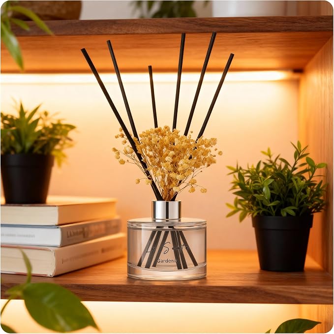 Reed Diffuser Set 6.7 fl oz (200ml) – Natural Gardenia Essential Oil Fragrance with Black Rattan Sticks & Preserved Flowers – Long Lasting Home & Office Decor Scent, Pet Safe