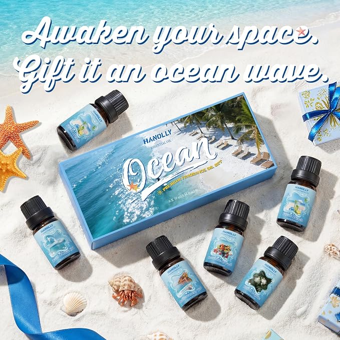 Ocean Essential Oils Set, Summer Essential Oils for Diffusers for Home, Beach Fragrance Oils for Candles & Soap Making, Scented Oils for Blue Sky, Wind, Coast, Sunshine & Fruit, Fresh Beach, Myrtle