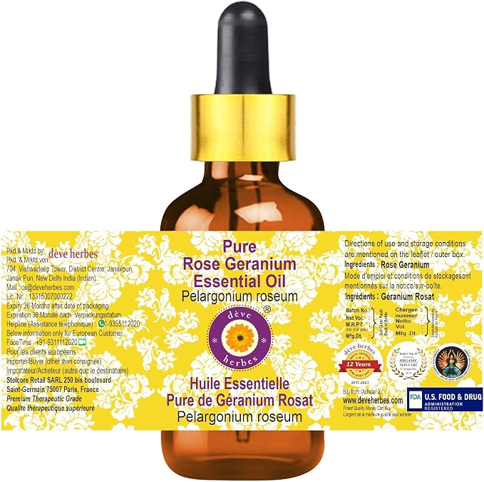 Deve Herbes Pure Rose Geranium Essential Oil (Pelargonium roseum) with Glass Dropper Steam Distilled 50ml (1.69 oz)