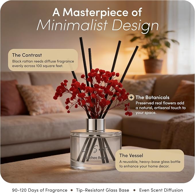 Reed Diffuser Set (6.7fl oz), Natural Lychee Rose Essential Oil Fragrance with Glass Bottle, Black Rattan Sticks & Preserved Flowers, Up to 120 Days Lasting Fragrance for Home & Office