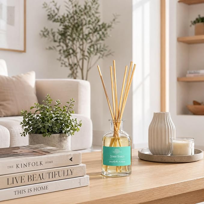 Natural Reed Diffuser Set, Ocean Breeze 3.52 oz (100ml) Scented Diffuser with Sticks Home Fragrance Reed Diffuser for Bathroom Shelf Decor, Ideal Gift for Woman