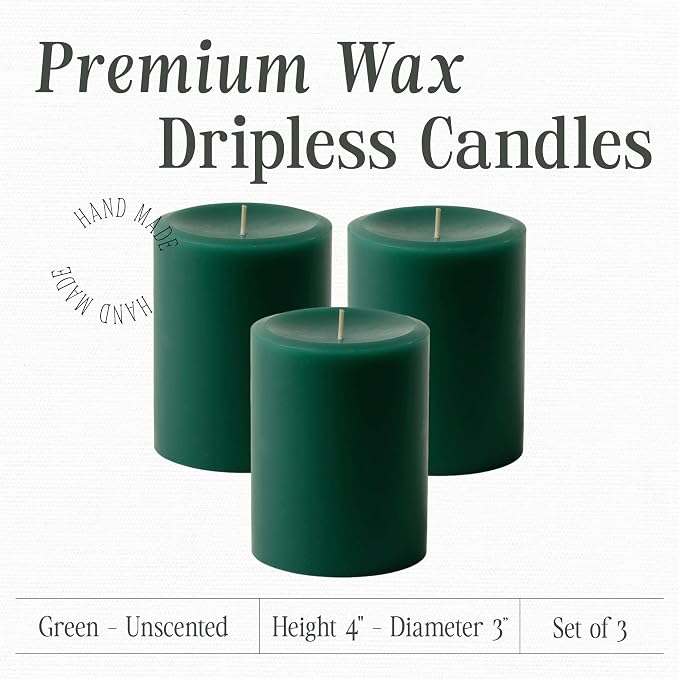 Mister Candle Dripless Unscented Green Pillar Candles, Set of 3 Hand Poured Solid Color Non-Scented Candles for Home Decor, Premium Wax, 60 Hr Burn Time - 3x4 Inch, Green
