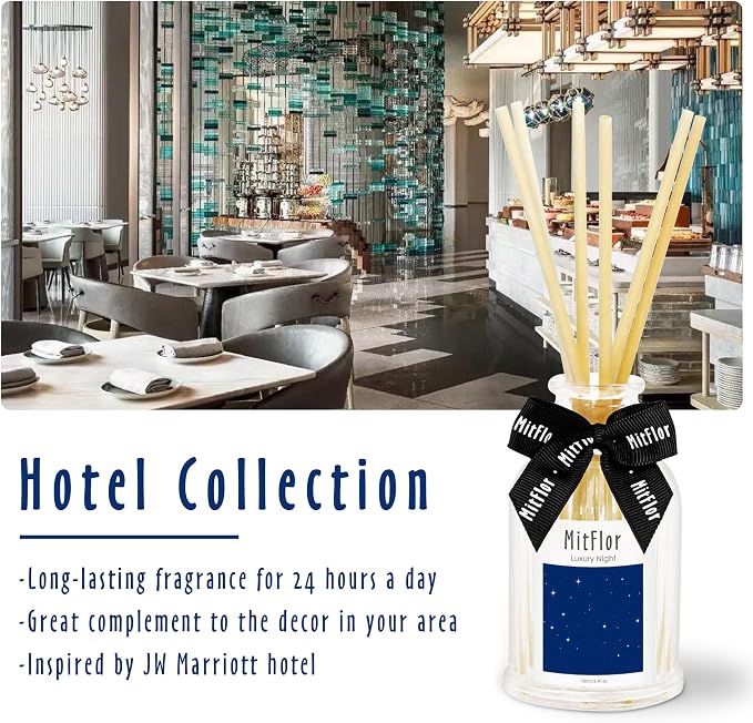 Reed Diffuser, MitFlor Luxury Night Air Freshener Diffuser for Shelf Decor, Hotel Collection Diffuser Oil - Apple, Berry, Jasmine, Musk, Oakmoss - 3.4 fl oz