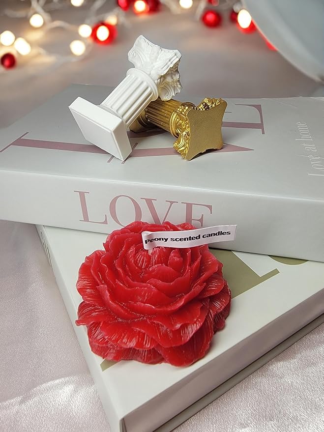 Peony Flower Shaped Candle with Scent, Soy Wax Blend Aromatherapy Candle, Gift Candle, Gifts for Women, Candles for spa, Stress Relief, Meditation, Wedding, Home Decor, Relaxing Atmosphere, (Red)