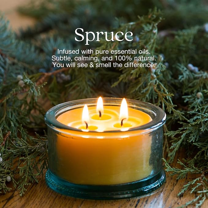 Bluecorn Botanica Beeswax 3-Wick Candle – Spruce, 100% Pure Beeswax & Essential Oils – 10oz Hand-Blown Recycled Spanish Glass – Non Toxic, Clean Burning, Refillable Glass Jar