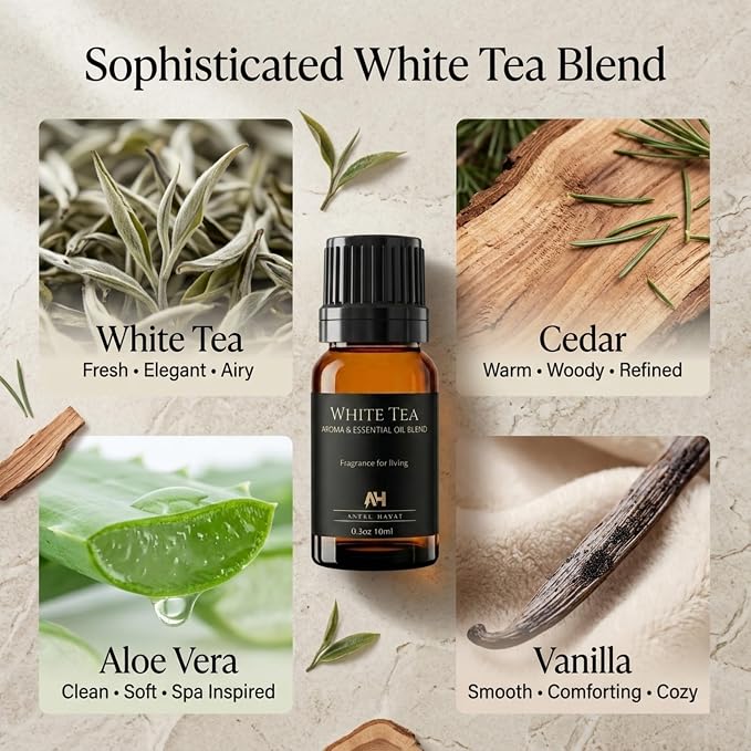 Hotel Diffuser Oil Inspired by The White Tea Hotel Scent - Home Luxury Scents - Premium Fragrance Oil for Ultrasonic and Waterless Diffusers and Crafting - 10 mL, 0.34 fl oz Glass Dropper Bottle
