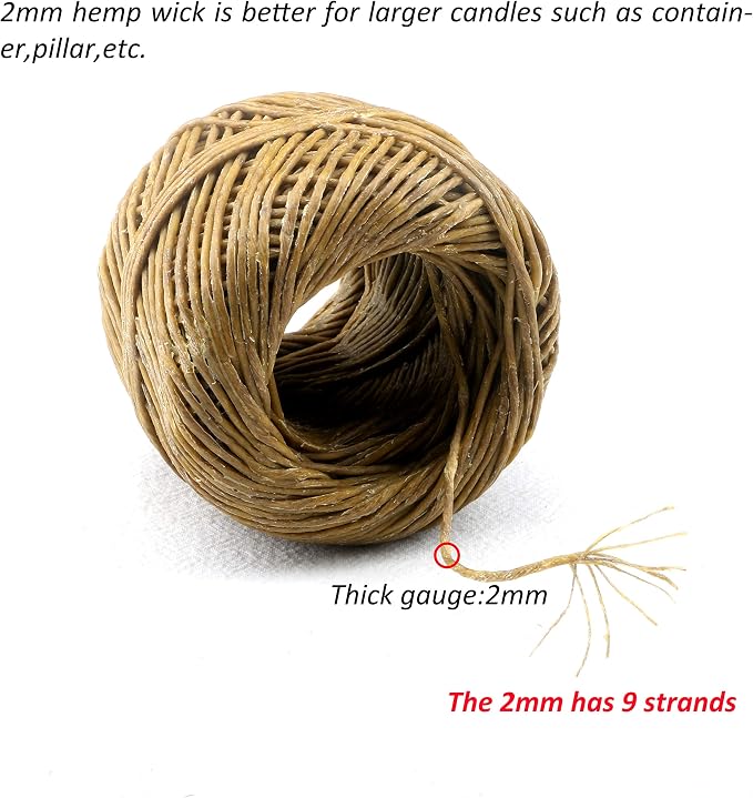 MILIVIXAY Thick Hemp Wick with Natural Beeswax Coating,Edible Grade Beeswax, 200 FT Spool, Size (2.0mm),Unbleached, Un-Dyed and 100% Organic.