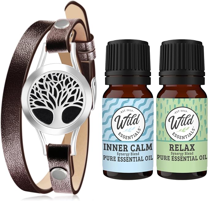 Wild Essentials Brown Tree of Life Diffuser Wrap Bracelet Kit – Adjustable 5"–7.5" Leather + 316L Stainless Steel Locket, 12 Color Pads (17mm) – Includes Inner Calm & Relax (2 x 10ml)
