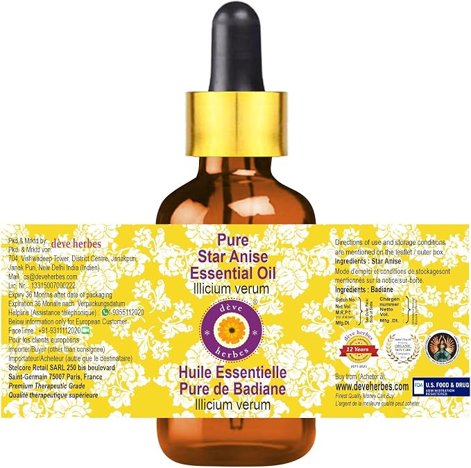 Deve Herbes Pure Star Anise Essential Oil (lllicium verum) with Glass Dropper Steam Distilled 50ml (1.69 oz)