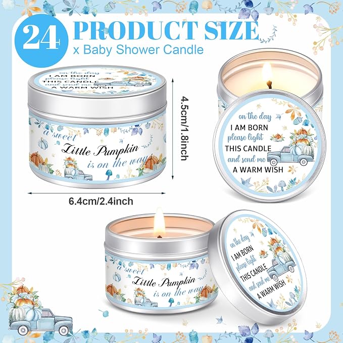MTLEE 24 Pcs Thanksgiving Little Pumpkin Baby Shower Party Favors Candles Lavender Scented Baby Shower Favors for Guests Rustic Tealights Candles Gender Reveal Return Gifts(Blue, 1.2 Oz)