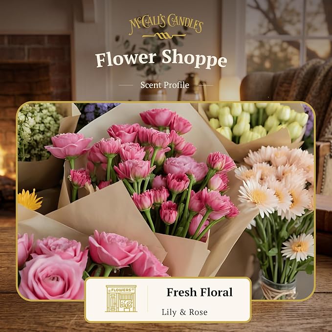 McCall’s Candles | Flower Shoppe | 26 oz Scented Candle | USA-Poured | Vintage Rustic Jar with Carrying Handle | Fresh Floral Bouquet Fragrance