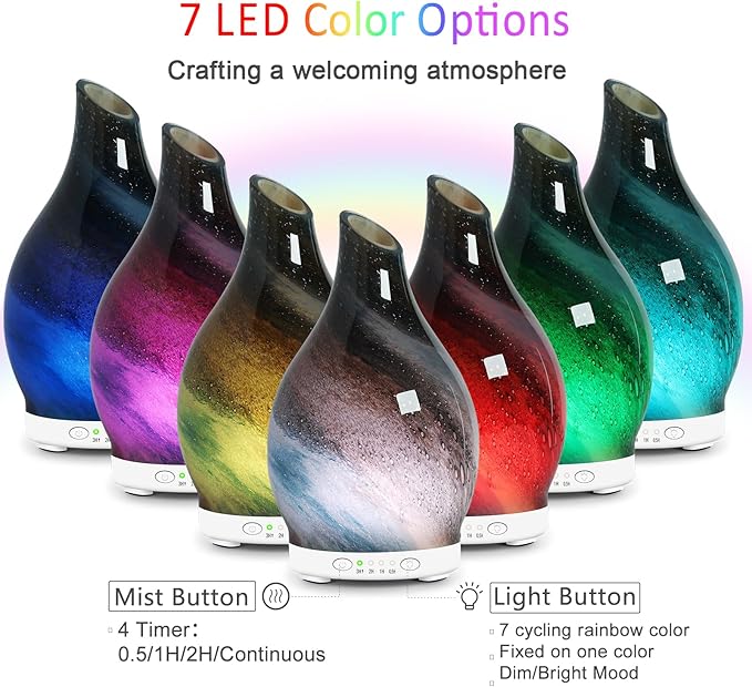 Essential Oil Diffuser 150ML Glass Aromatherapy Diffuser with 4 Timer Settings & 7 Color Changing Lights, Auto Shut-Off, Ultra Quiet Oil Diffuser for Home, Office, Yoga, Spa