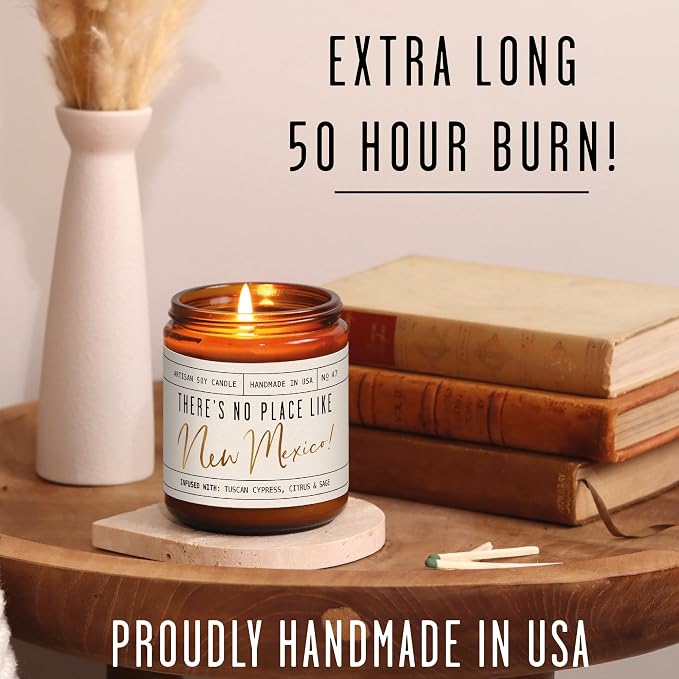 New Mexico Gifts, New Mexico Decor for Home - 'There's No Place Like New Mexico Candle, w/Tuscan Cypress, Citrus & Sage I New Mexico Souvenirs I New Mexico State Gifts I 9oz Jar, 50Hr Burn, USA Made