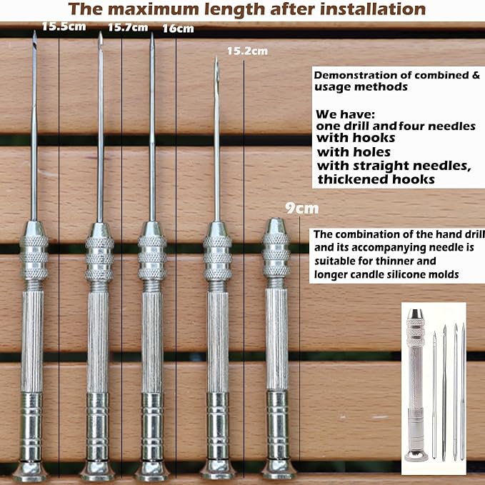 TYMKLMZG 16 PCS Silicone Mould Hand Drill Adjustable Long Needle Punch Wicking Needle Tools Candle Mold Punch Tool with Hook & Eye Candlewick Inserting Tool Tweezers Threader for Candle Making