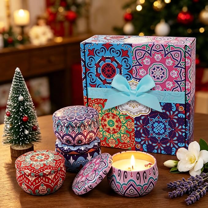 4 Pack Scented Candles for Women Gift- 8% Essential Oil Aromatherapy Candle Set, 50H Long Lasting Natural Soy Wax Candles, Travel Tin Gift Box for Stress Relief Spa Yoga Birthday Housewarming