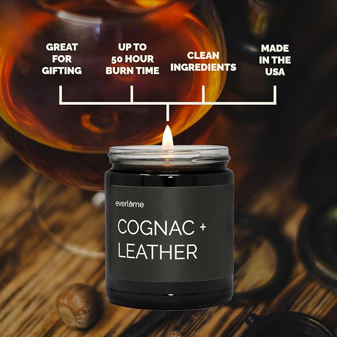 Premium Soy Wax Candle | Highly Scented Black Glass Jar Candles | Long Lasting, Clean Burn | 8 oz | Gifts for Man and Woman | Made in USA (Cognac + Leather)