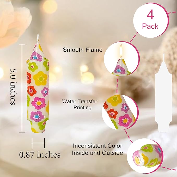 5 inch Short Candle Floral Candle Sticks Printed Candlestick Handmade Unscented Taper Candle 4 Pack Colorful Flower Tapered Candles for Home Dinner Wedding Holiday