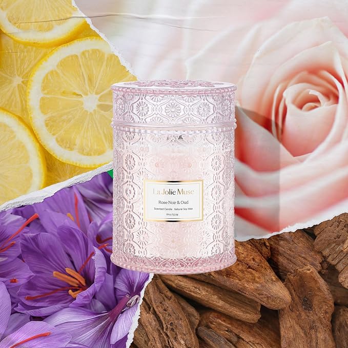 LA JOLIE MUSE Rose Noir & Oud Scented Candles for Home, 19 oz Natural Soy | Large Jar Luxury Candle, Floral Pink Candles, Clean Non Toxic, Decorative Candle Gifts for Women, Wood Wick, Sandalwood Rose