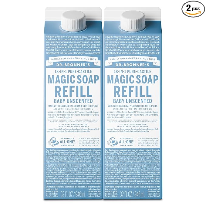 Dr. Bronner's Magic Soap-Pure-Castile Liquid Refill (Baby Unscented, 32 ounce, 2-Pack) - Made with Regenerative Organic Certified Oils, For Body, Hair, Laundry, Pets & Dishes, Concentrated, Vegan
